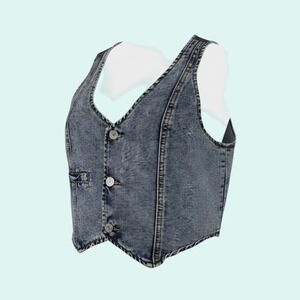 YOZY Women's Acid Wash Blue Denim Vest Top M Cropped Button Front